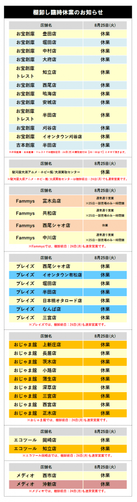 棚卸に伴う臨時休業・営業時間変更のお知らせ