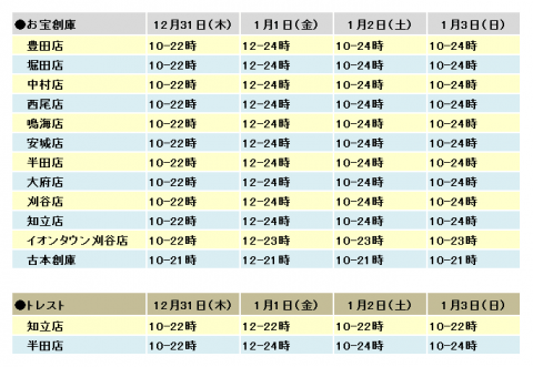 年末年始営業時間のお知らせ