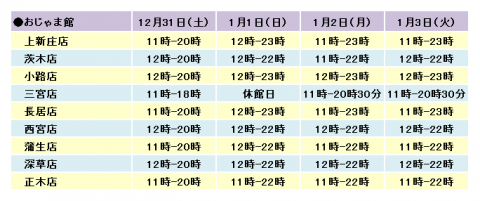 おじゃま館 年末年始 営業時間